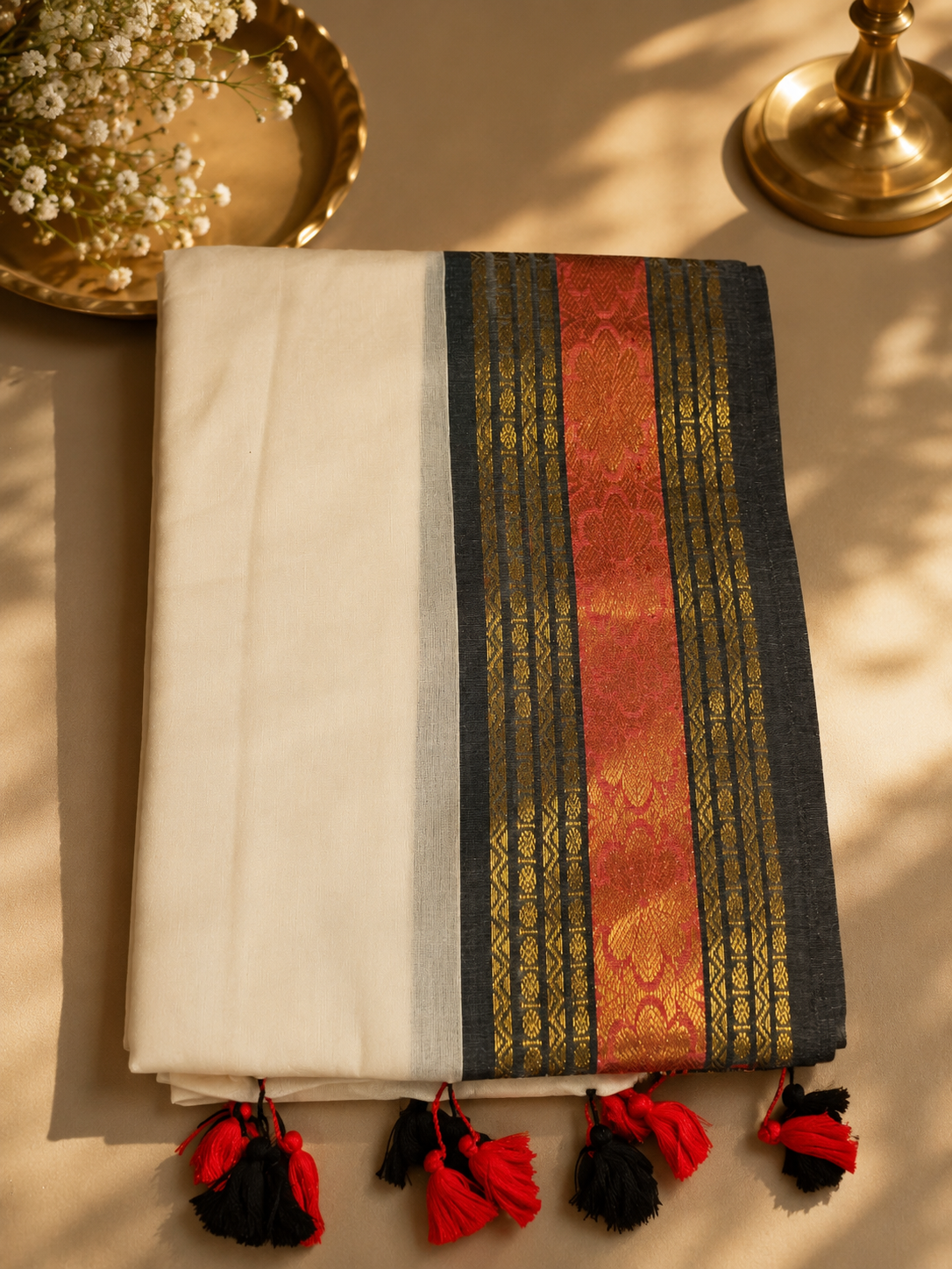 48 Hour | Premium Ivory Mul Cotton Saree with Charcoal Black, Antique Gold & Burnt Coral Kasavu Border | Traditional Onam Saree UK