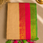 48 Hour | Premium Cream Ivory Mul Cotton Saree with Rani Pink & Parrot Green Kanjivaram Border | Traditional Onam Saree UK