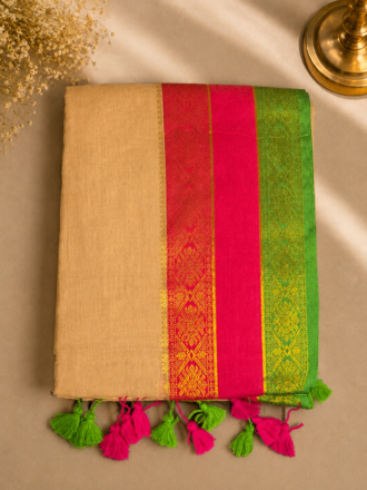 48 Hour | Premium Cream Ivory Mul Cotton Saree with Rani Pink & Parrot Green Kanjivaram Border | Traditional Onam Saree UK