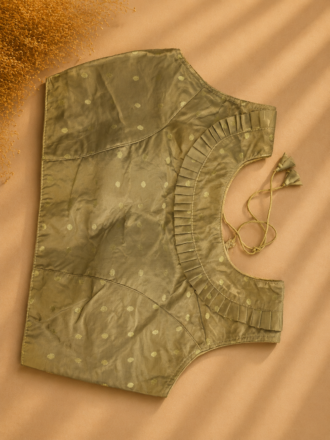 48 Hour | Premium Olive Silk Ready-Made Blouse | Designer Back Open Blouse with Sleeve
