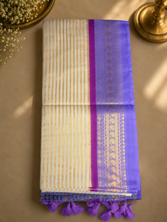 48 Hour | Premium Cream Ivory Striped Mul Cotton Saree with Royal Violet Zari Border | Traditional Onam Saree UK