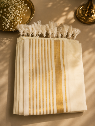48 Hour | Premium Cream Ivory Mul Cotton Kasavu Saree with Traditional Golden Zari Border | Classic Onam Saree UK