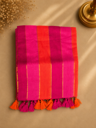 48 Hour | Premium Mul Cotton Saree in Rani Pink & Coral Orange Stripes | Festive Onam Saree UK
