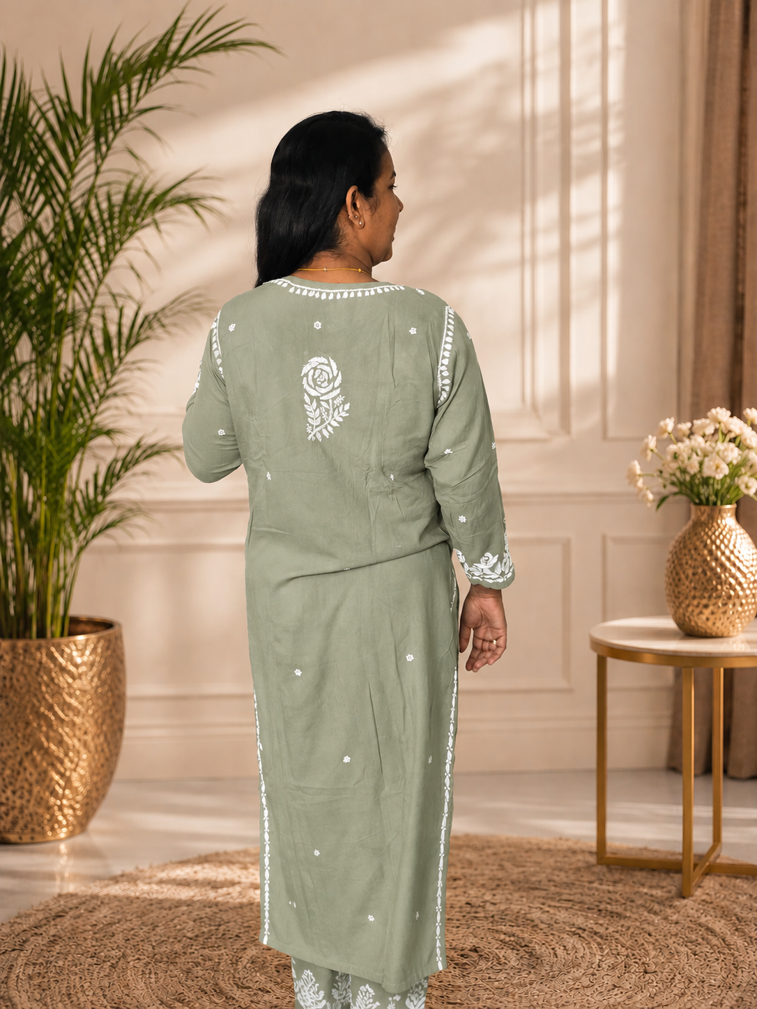 EOSS Rayon Chikankari Kurti Set - Sage Mist - Image 2