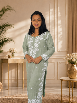 EOSS Rayon Chikankari Kurti Set - Sage Mist