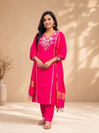 EOSS Rani Pink Silk Embroidered 3-Piece Set
