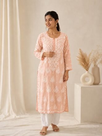 EOSS Masleen Silk Chikankari Kurthi - Soft Peach Pink