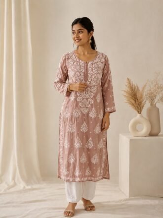 EOSS Masleen Silk Chikankari Kurthi - Rose Taupe