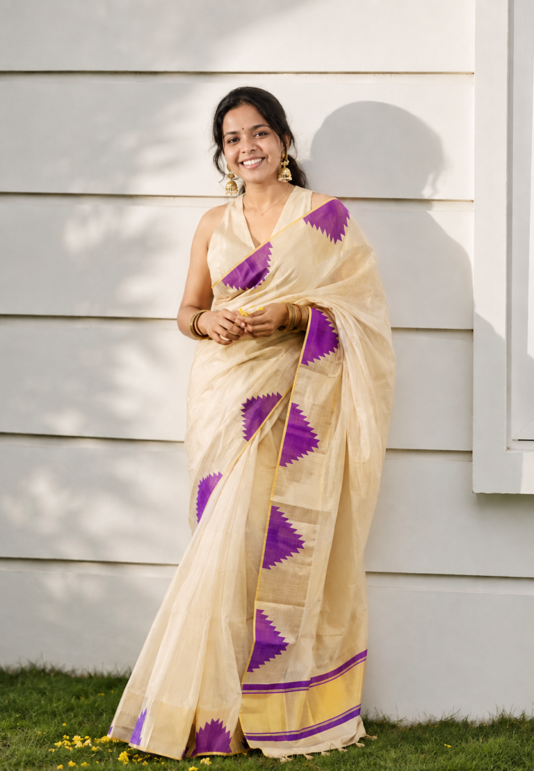 Premium Kasavu Tissue Set Saree | ഗായത്രി - Violet