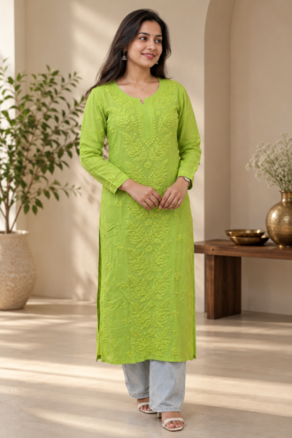 Pure Viscose Georgette Chikankari Kurti - Parrot Green