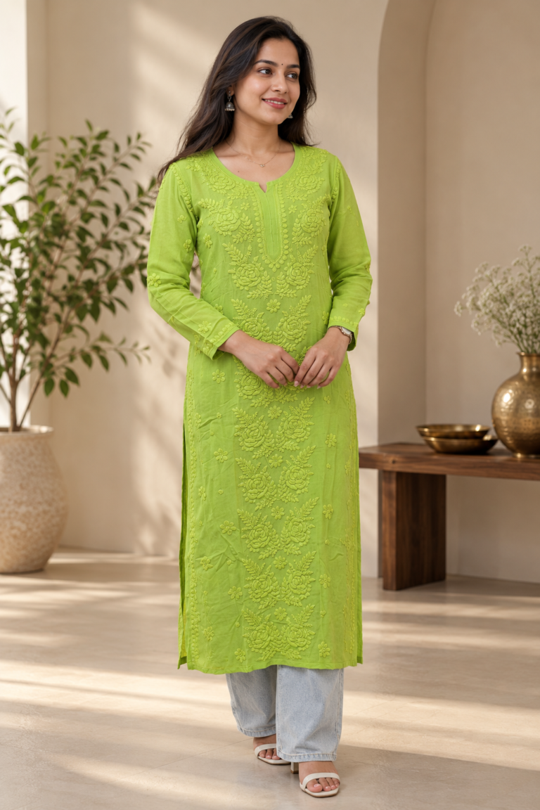 Pure Viscose Georgette Chikankari Kurti - Parrot Green
