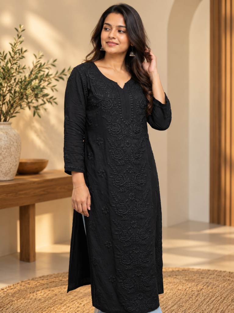 Black Pure Viscose Georgette Chikankari Kurti - Black